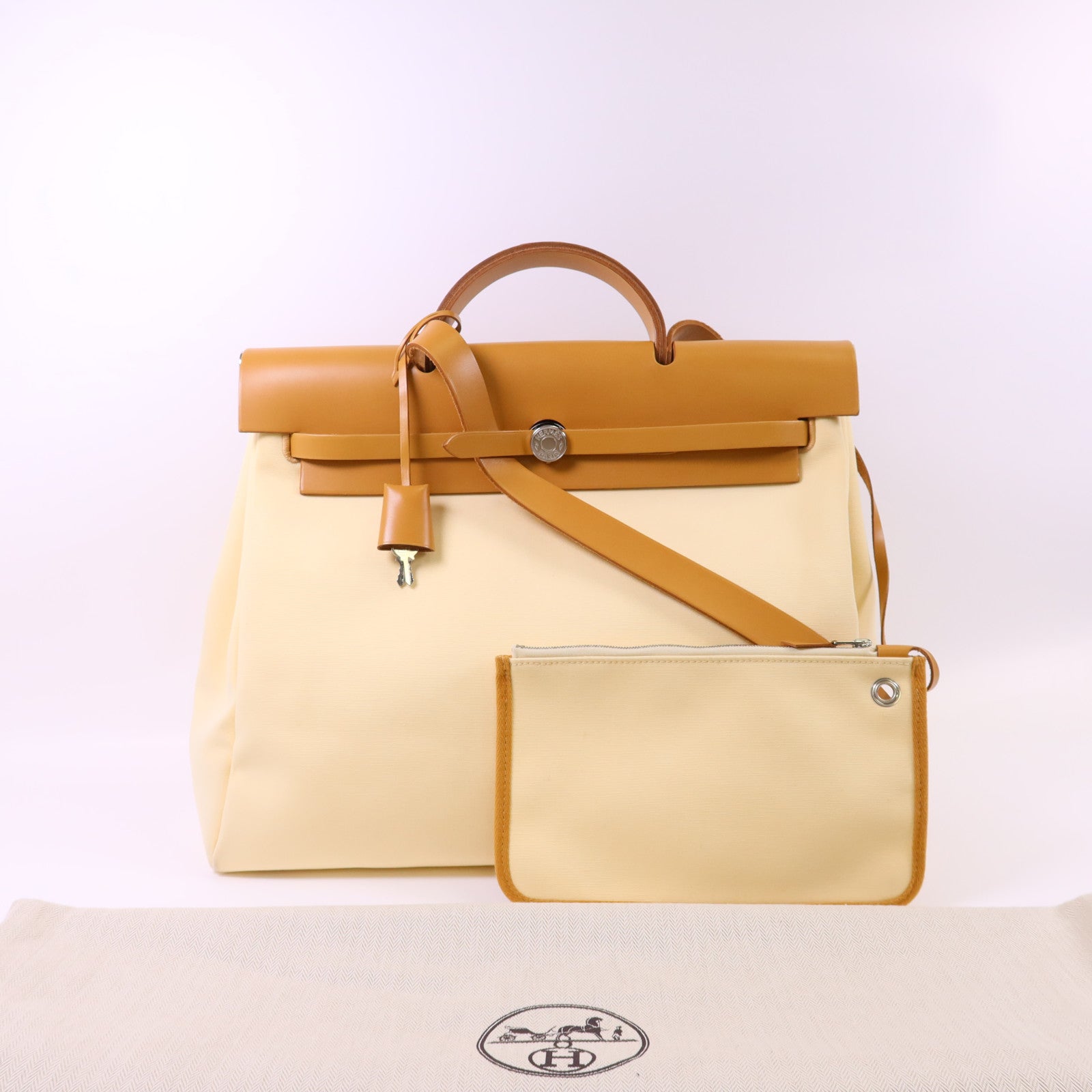 HERMES 帆布Herbag MM銀扣手挽肩背兩用袋