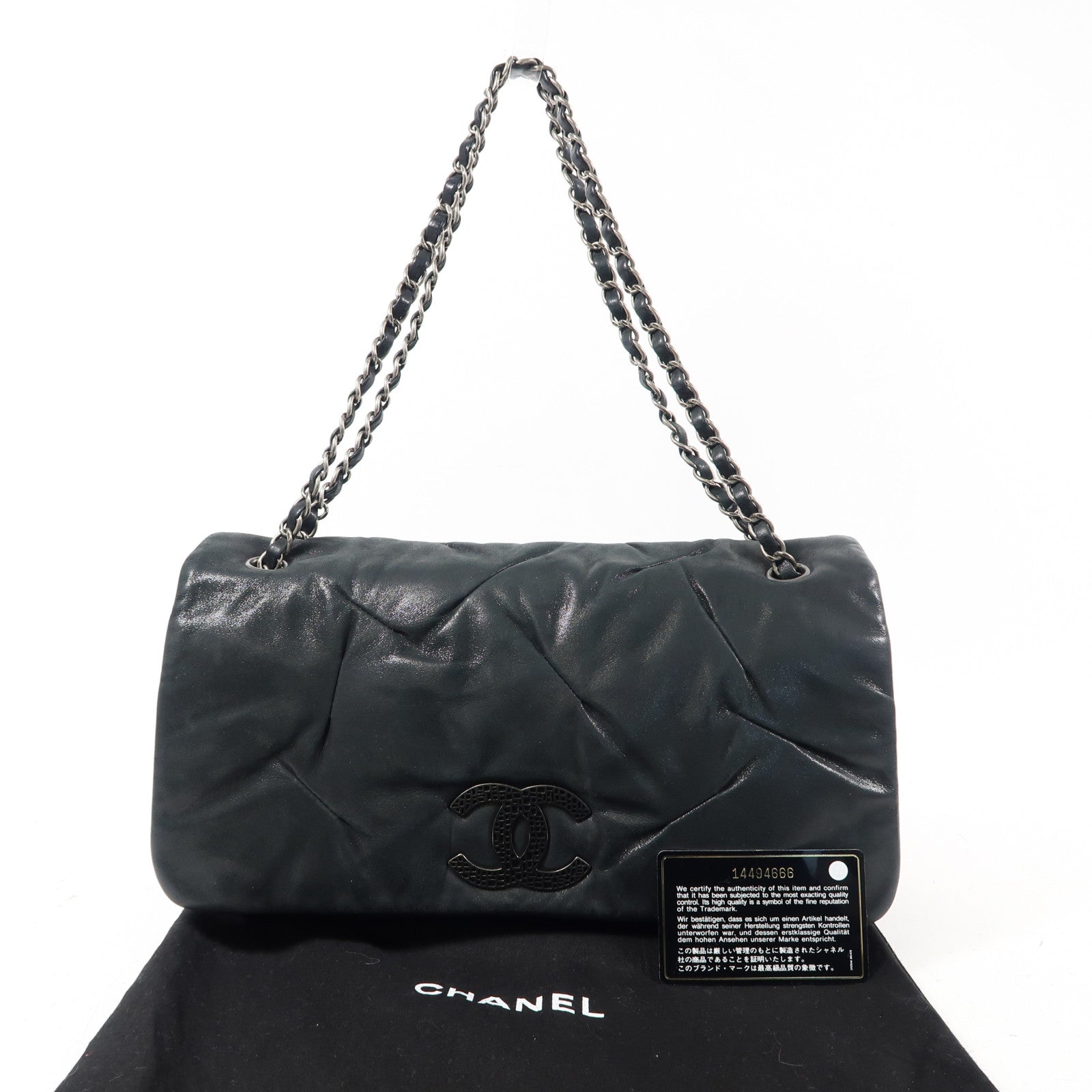 CHANEL 牛皮皮革Chain Shoulder銀扣鏈帶肩背袋深綠色