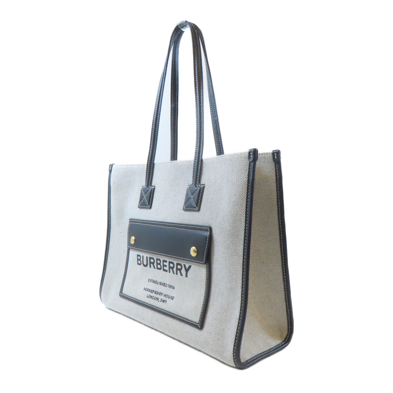 BURBERRY 【激減優惠】帆布/皮革Freya Tote Bag金扣手挽袋黑色/白色