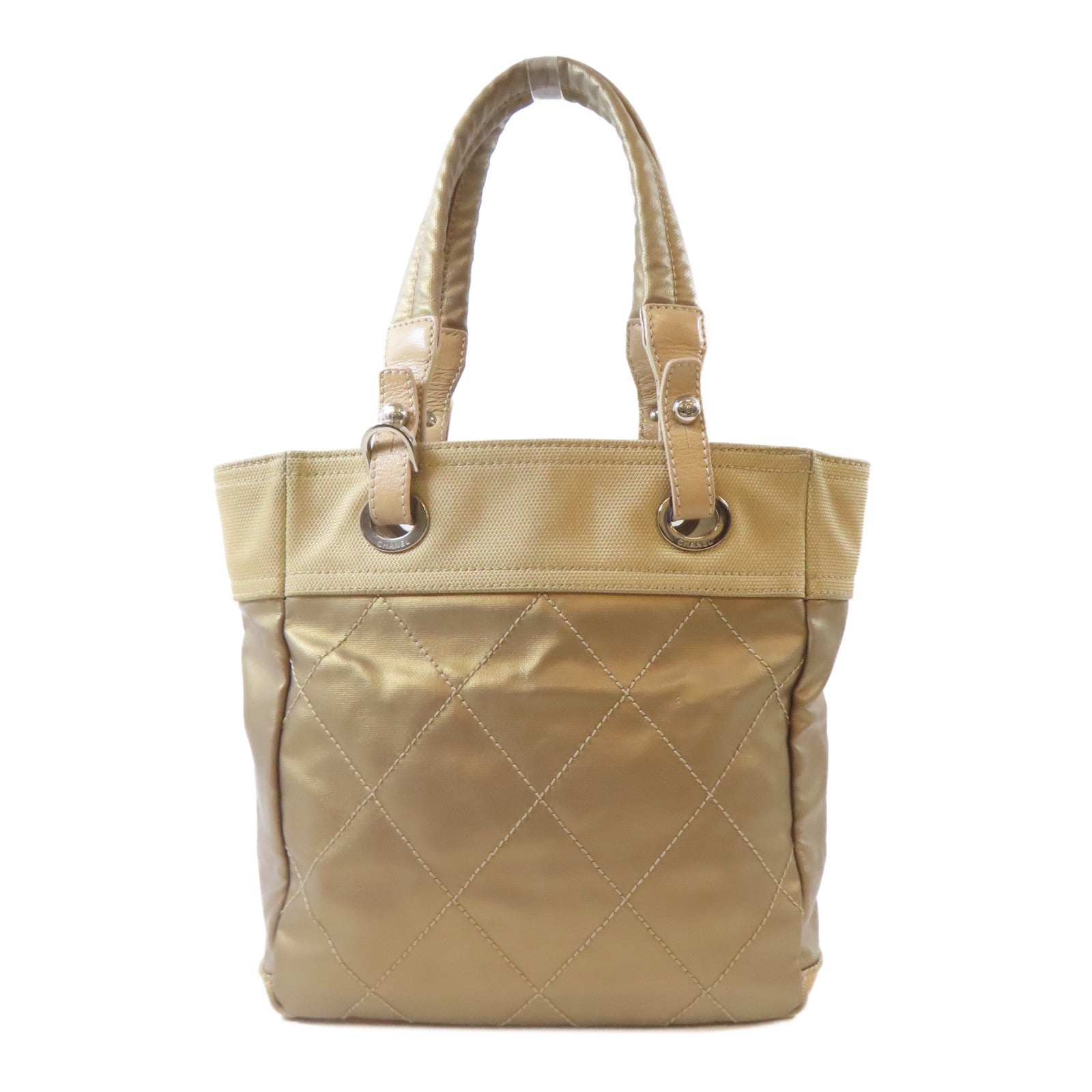CHANEL (PRICE DOWN) Quilted CC SHW Paris Biarritz Tote Bag Handbag PVC Coated Canvas Beige