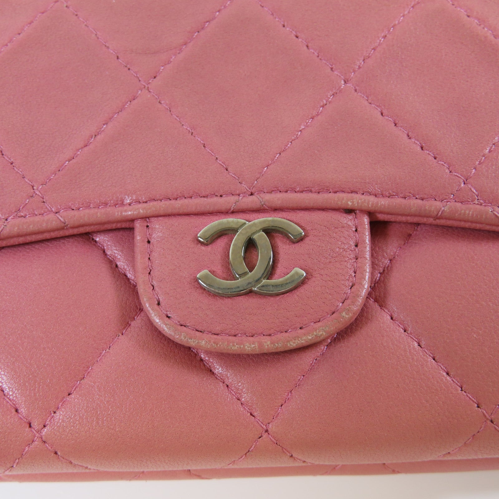 CHANEL 【激減優惠】菱格羊皮皮革Trifold Wallet銀扣錢包粉紅色