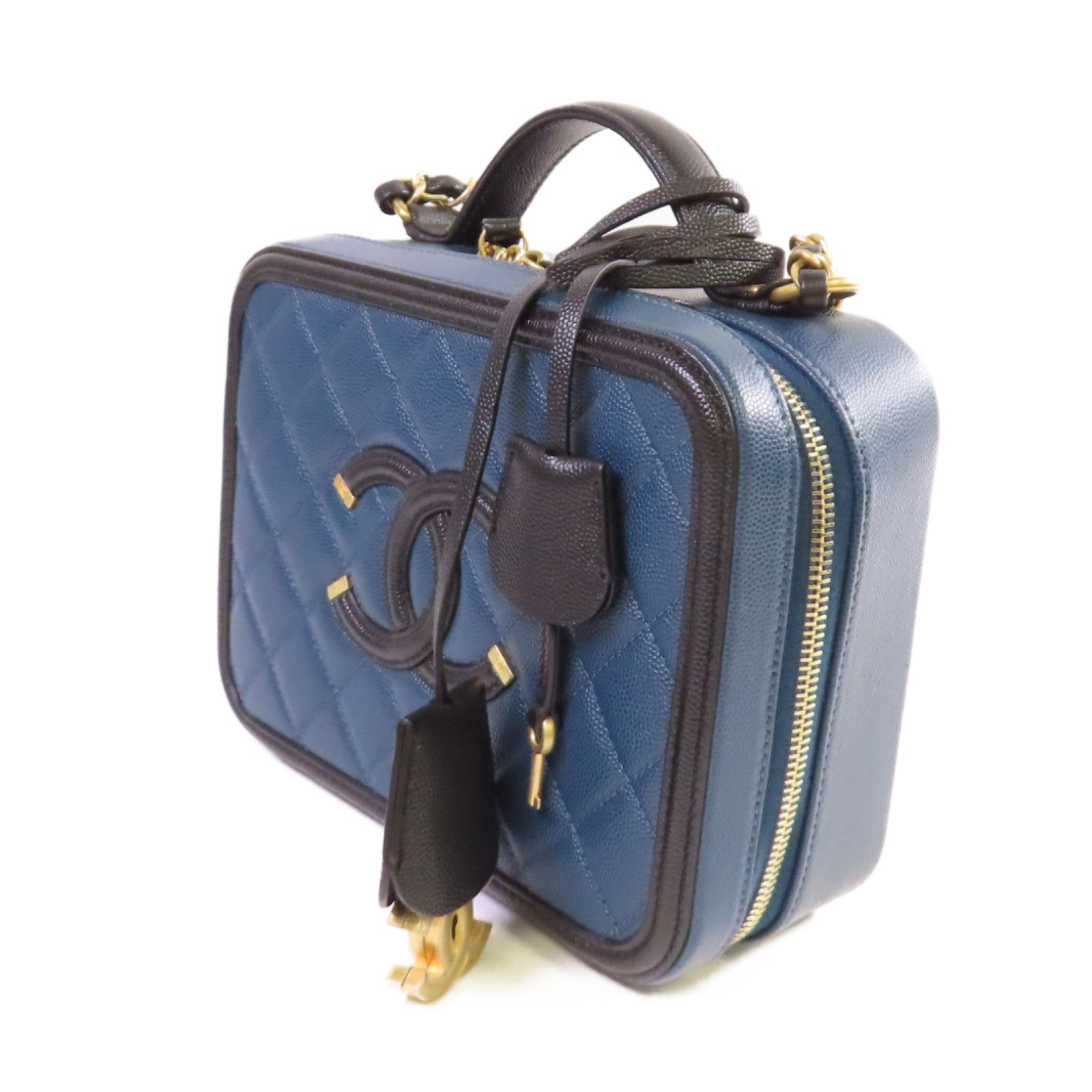 CHANEL 【激減優惠】菱格Caviar皮革Vanity Chain 2Way Shoulder Bag金扣鏈帶手挽肩背兩用袋寶藍色/黑色