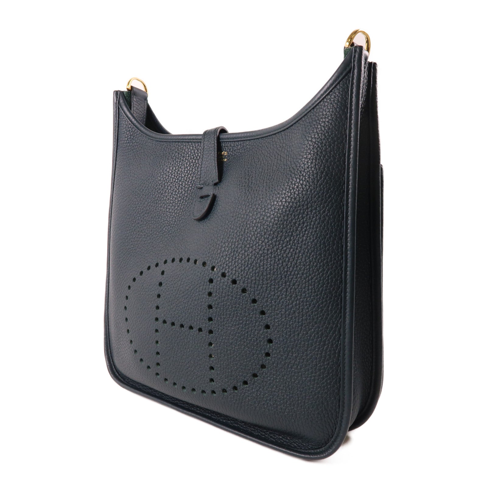 HERMES Clemence皮革Evelyne PM金扣肩背袋vert cypress墨綠色