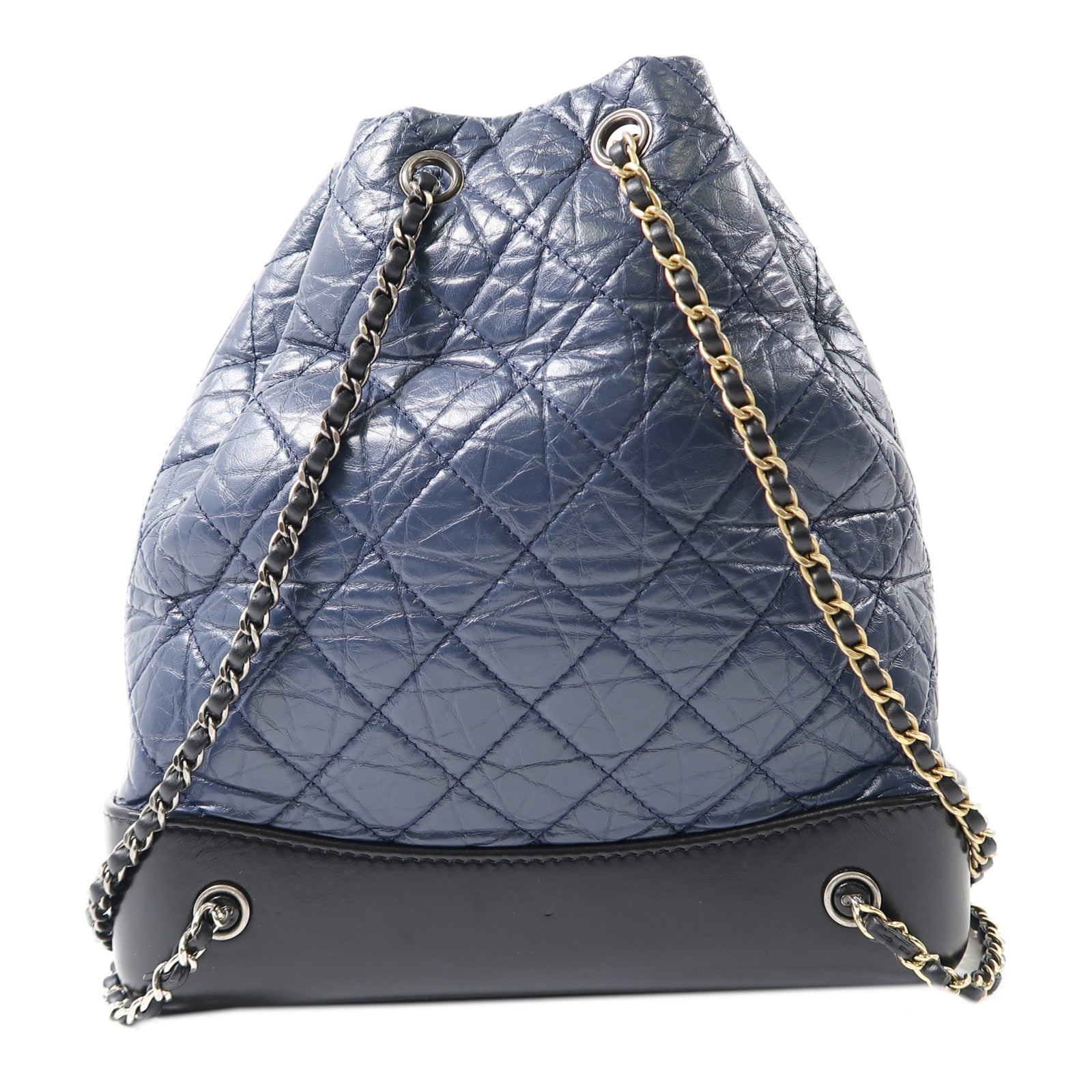 CHANEL 菱格牛皮皮革Gabrielle Backpack鏈帶背包藍色/黑色