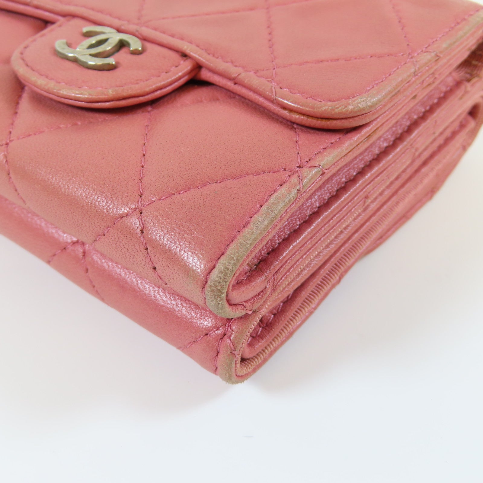 CHANEL 【激減優惠】菱格羊皮皮革Trifold Wallet銀扣錢包粉紅色