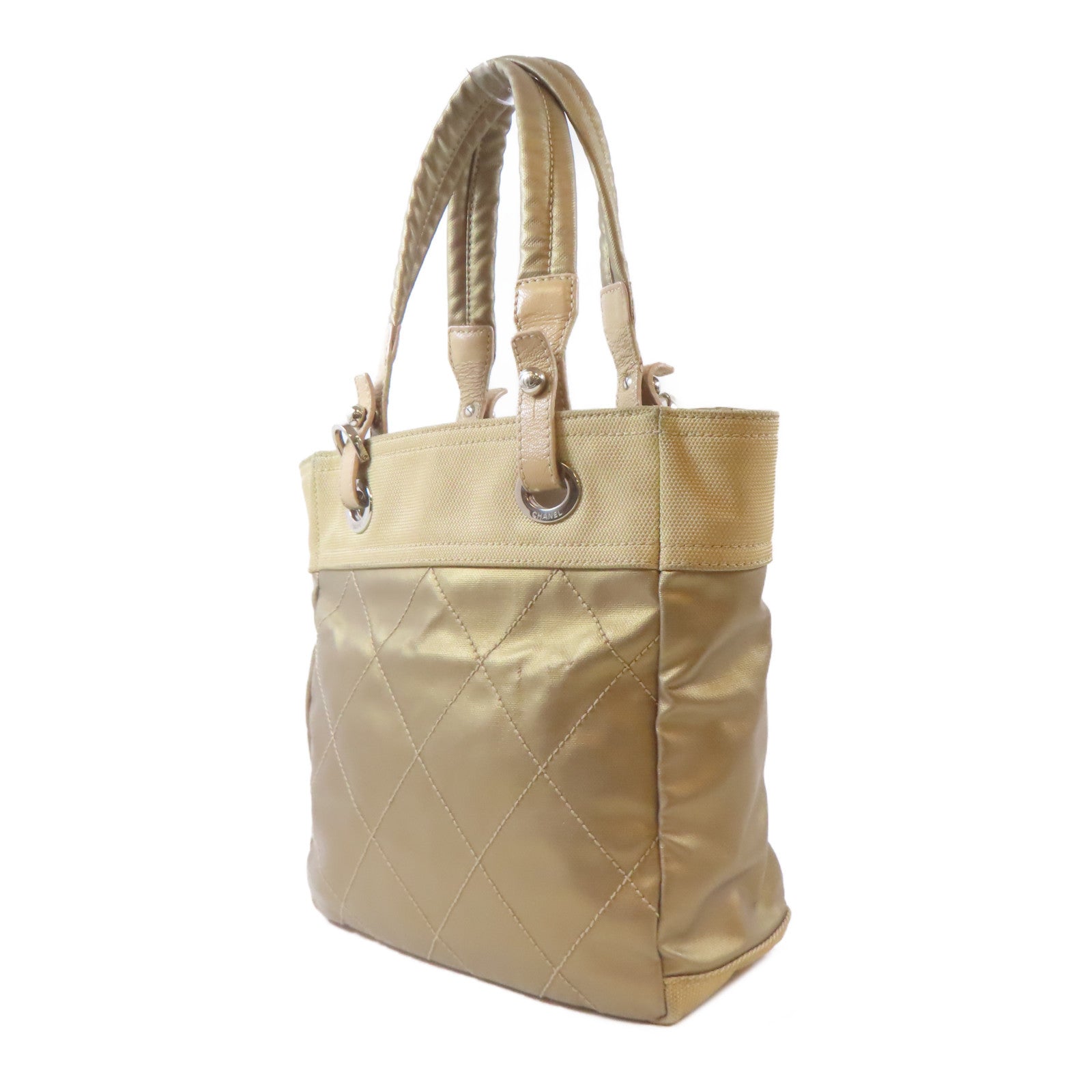 CHANEL (PRICE DOWN) Quilted CC SHW Paris Biarritz Tote Bag Handbag PVC Coated Canvas Beige