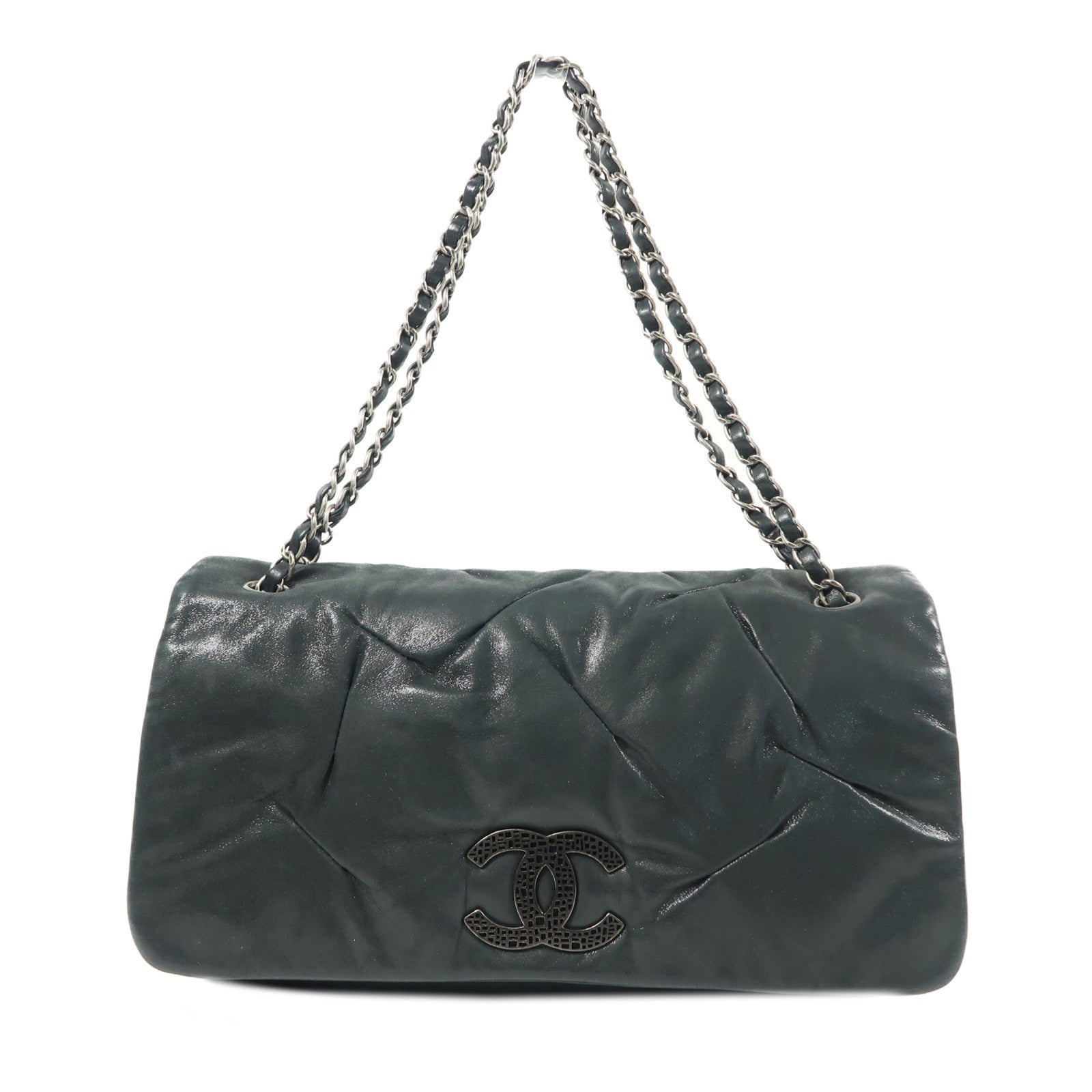 CHANEL 牛皮皮革Chain Shoulder銀扣鏈帶肩背袋深綠色