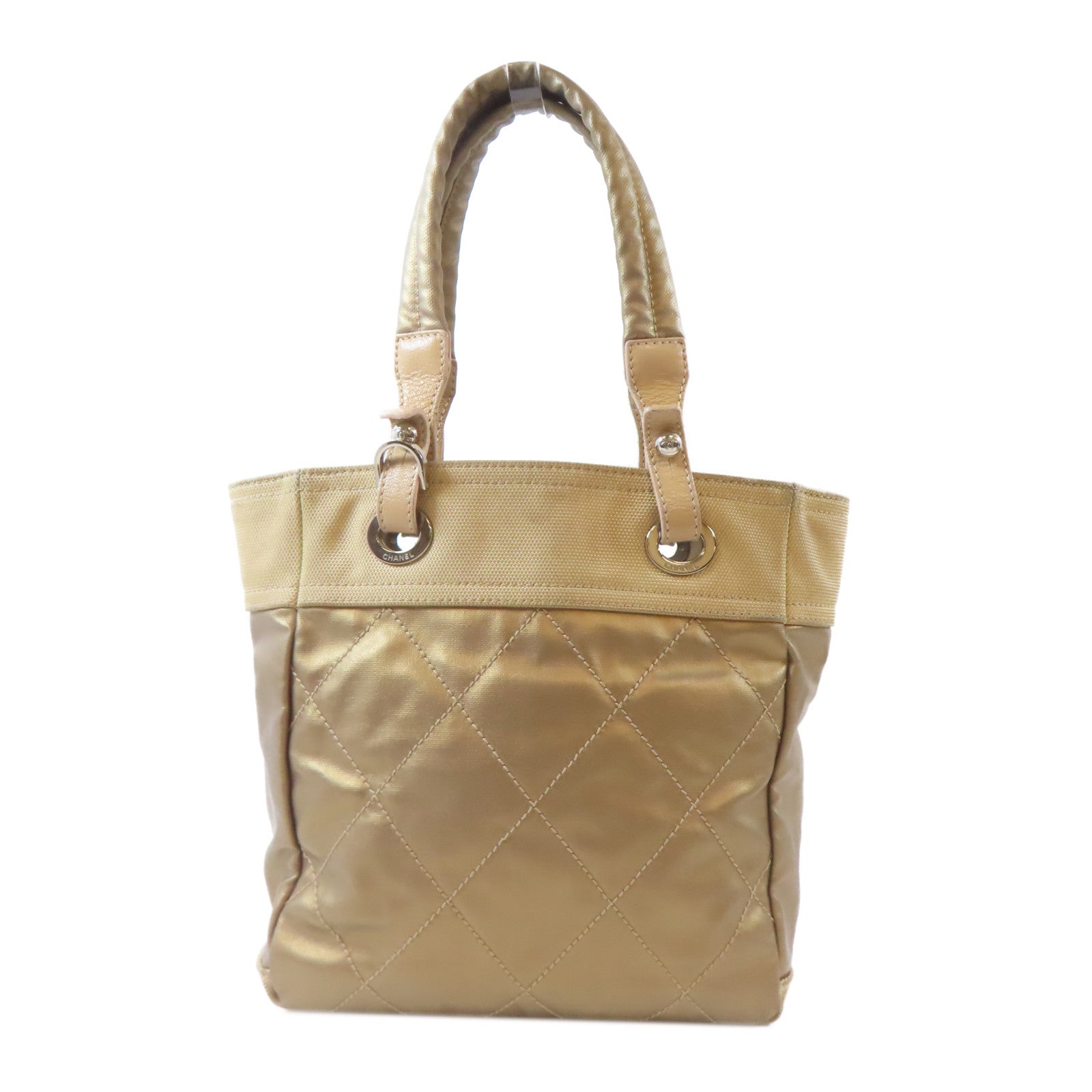 CHANEL (PRICE DOWN) Quilted CC SHW Paris Biarritz Tote Bag Handbag PVC Coated Canvas Beige