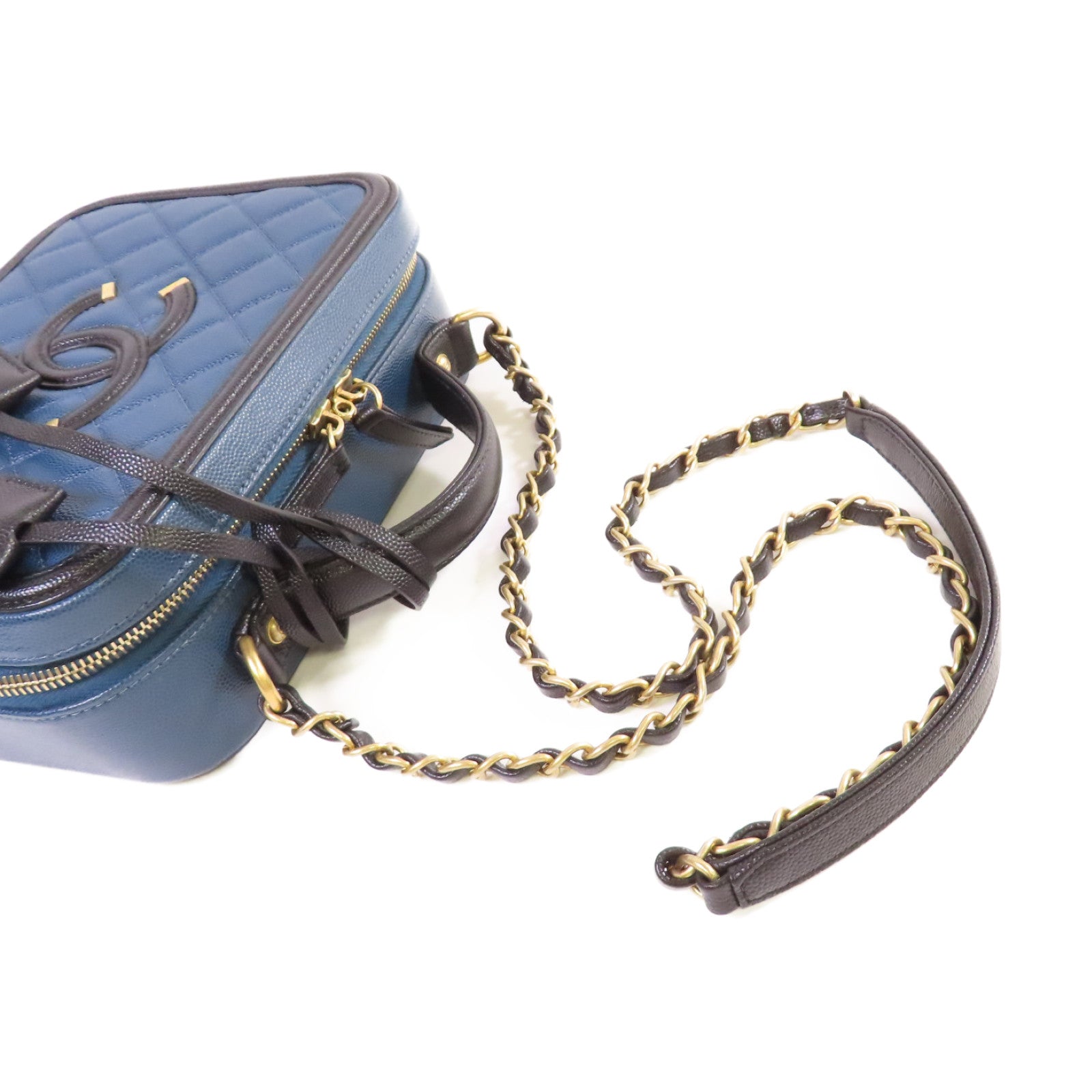 CHANEL 【激減優惠】菱格Caviar皮革Vanity Chain 2Way Shoulder Bag金扣鏈帶手挽肩背兩用袋寶藍色/黑色