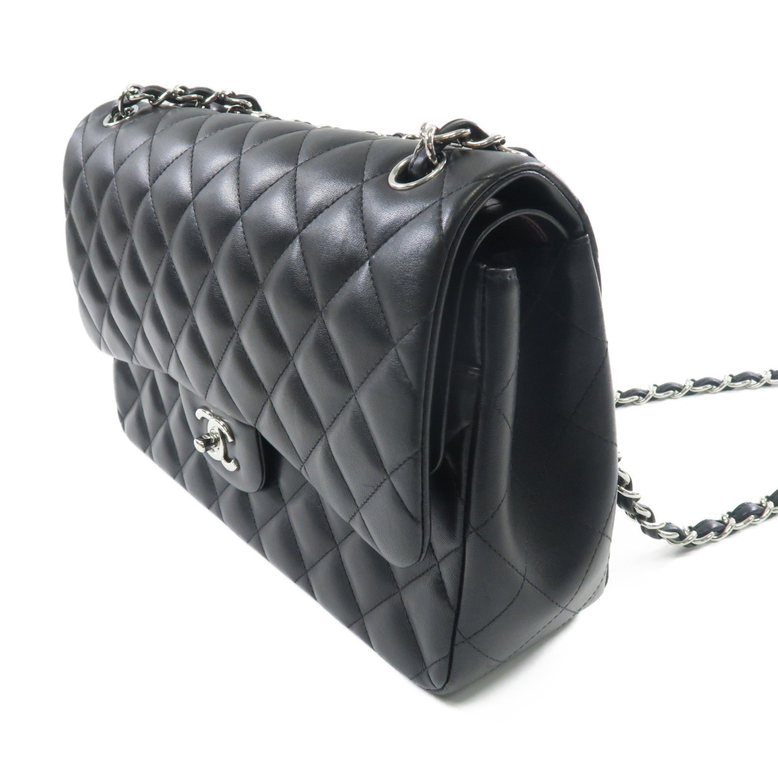 CHANEL 羊皮皮革Large Classic銀扣鏈帶肩背袋黑色