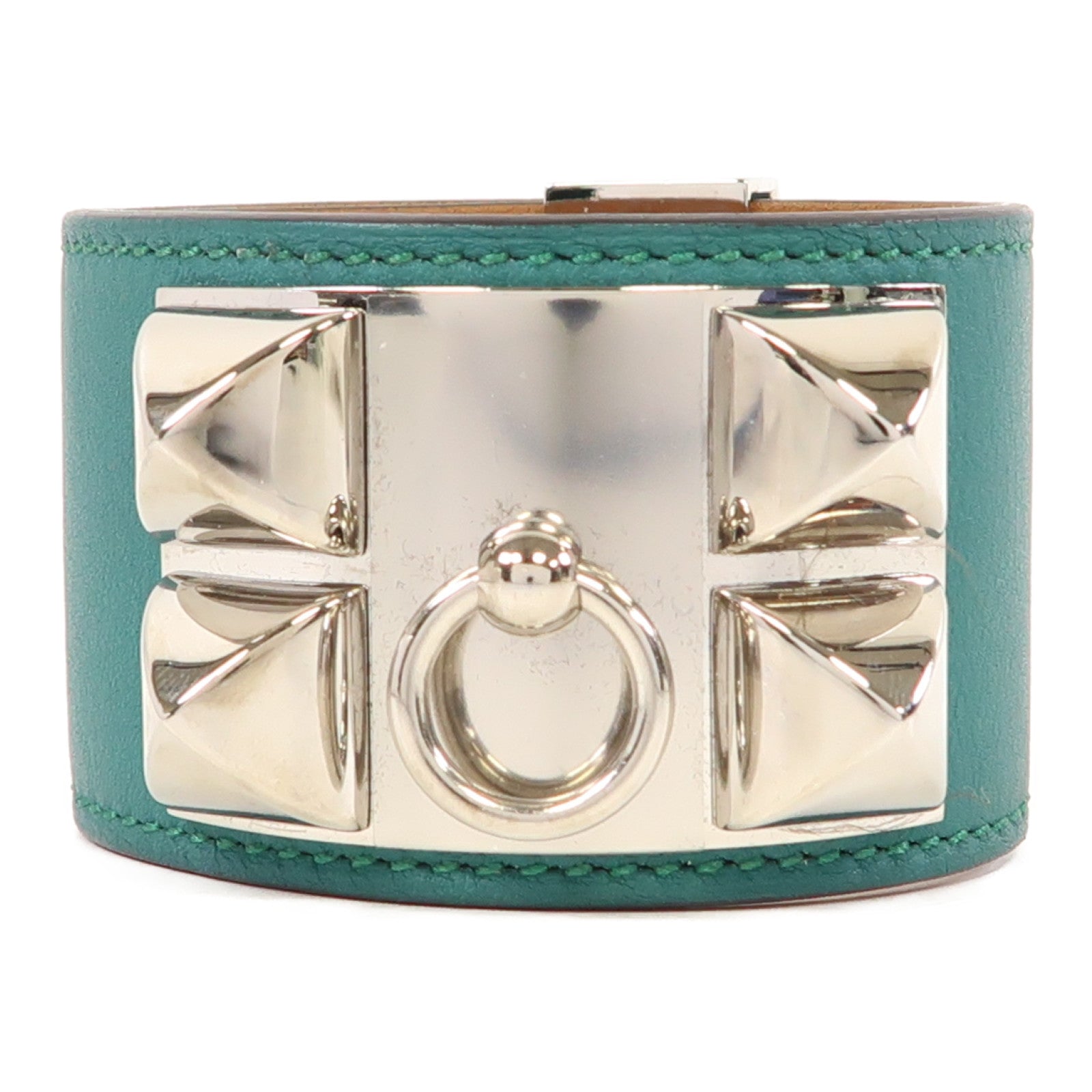HERMES Swift皮革CDC Bracelet銀扣手鐲孔雀綠色