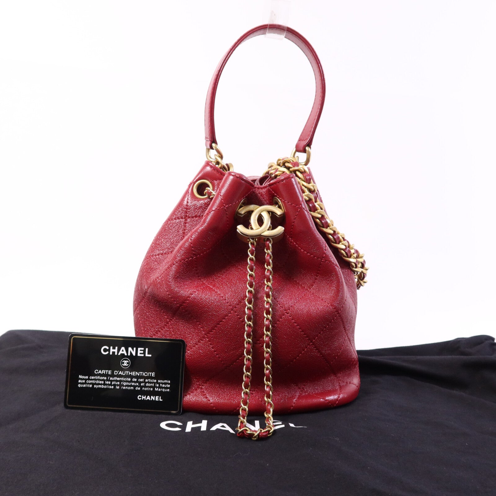CHANEL 牛皮皮革Bucket Bag金扣鏈帶手挽肩背兩用袋