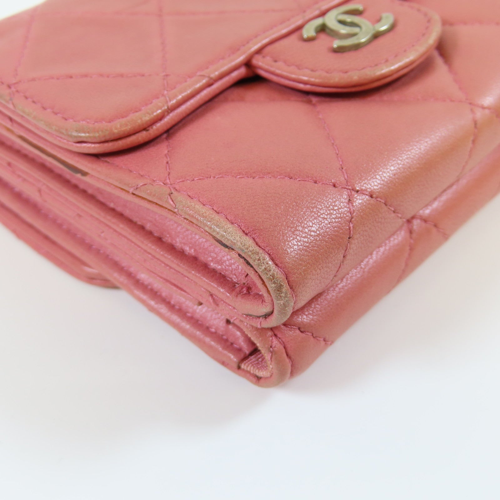 CHANEL 【激減優惠】菱格羊皮皮革Trifold Wallet銀扣錢包粉紅色