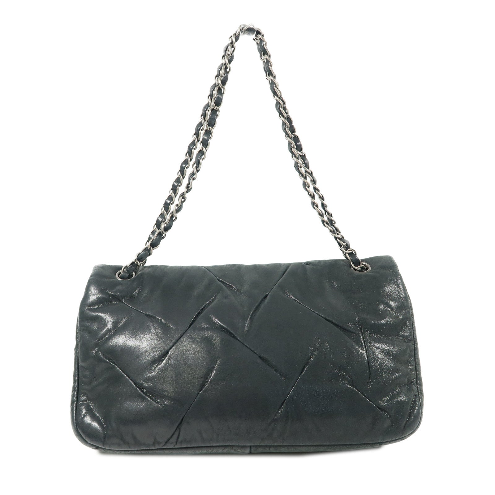 CHANEL 牛皮皮革Chain Shoulder銀扣鏈帶肩背袋深綠色