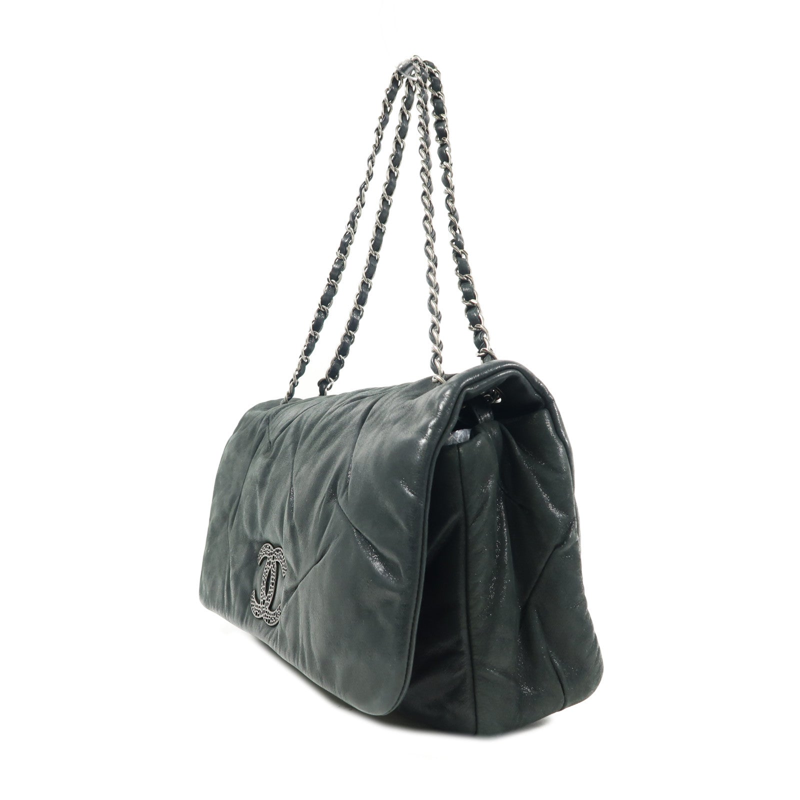 CHANEL 牛皮皮革Chain Shoulder銀扣鏈帶肩背袋深綠色
