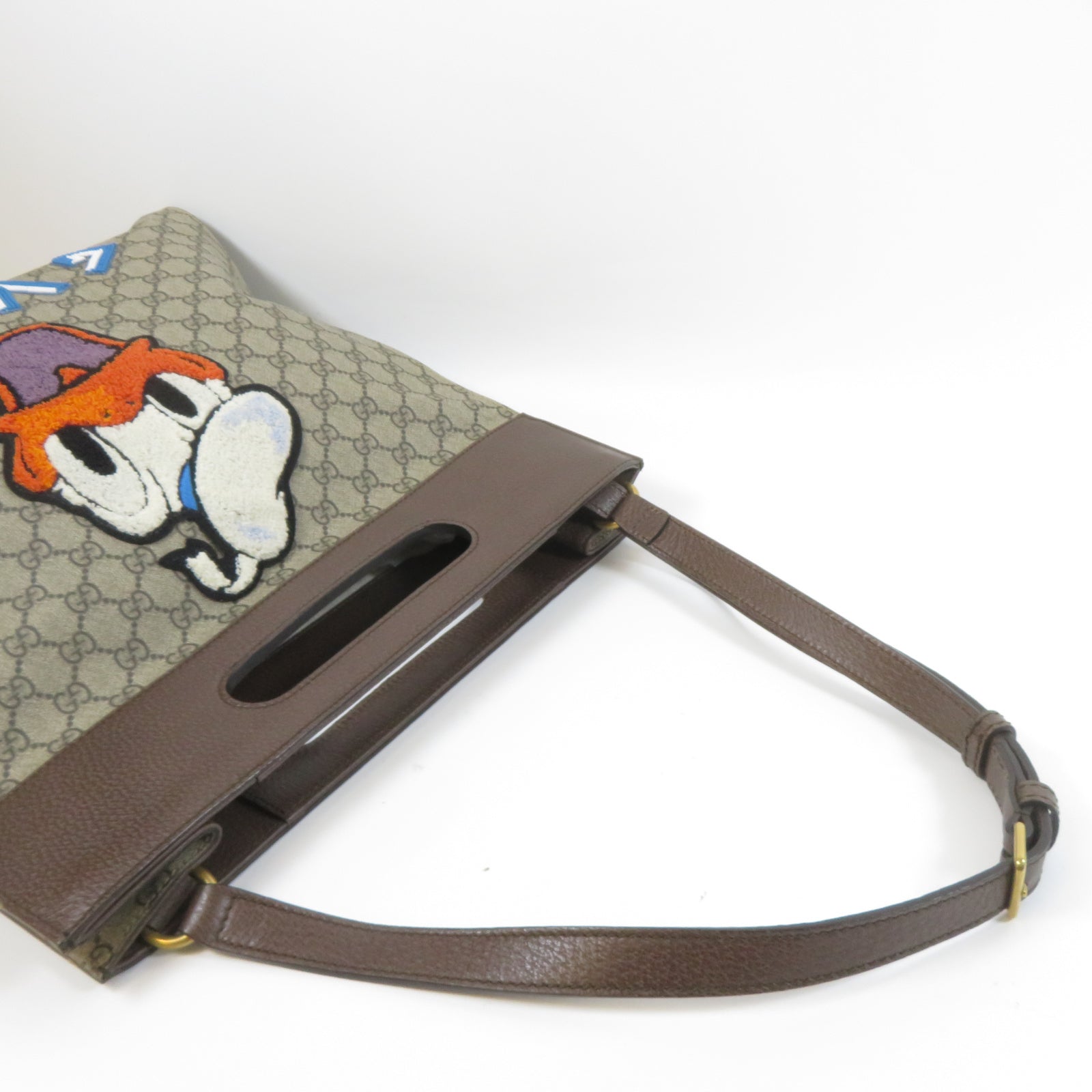GUCCI 塗層帆布Disney x Gucci Donald Duck 2 Way Shoulder金扣手挽肩背兩用袋啡色