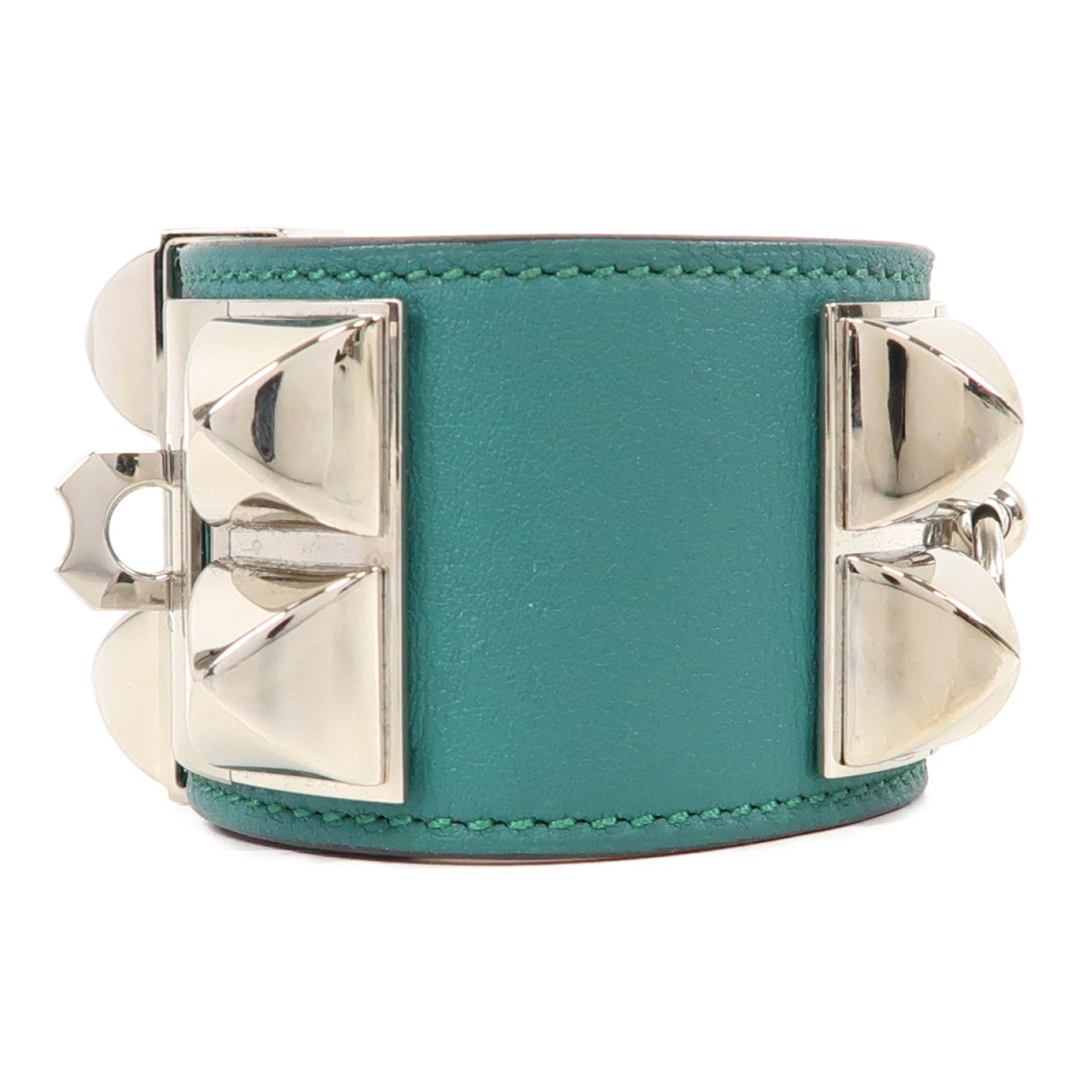 HERMES Swift皮革CDC Bracelet銀扣手鐲孔雀綠色
