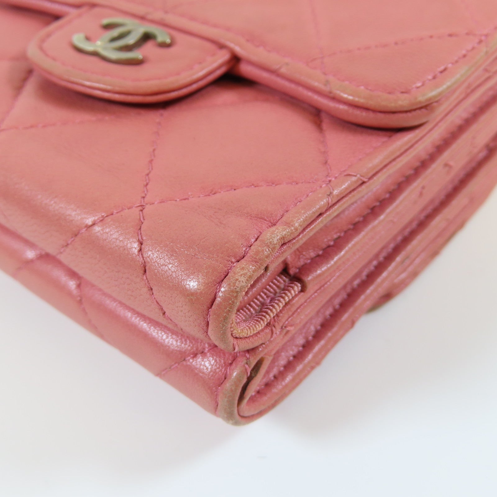 CHANEL 【激減優惠】菱格羊皮皮革Trifold Wallet銀扣錢包粉紅色