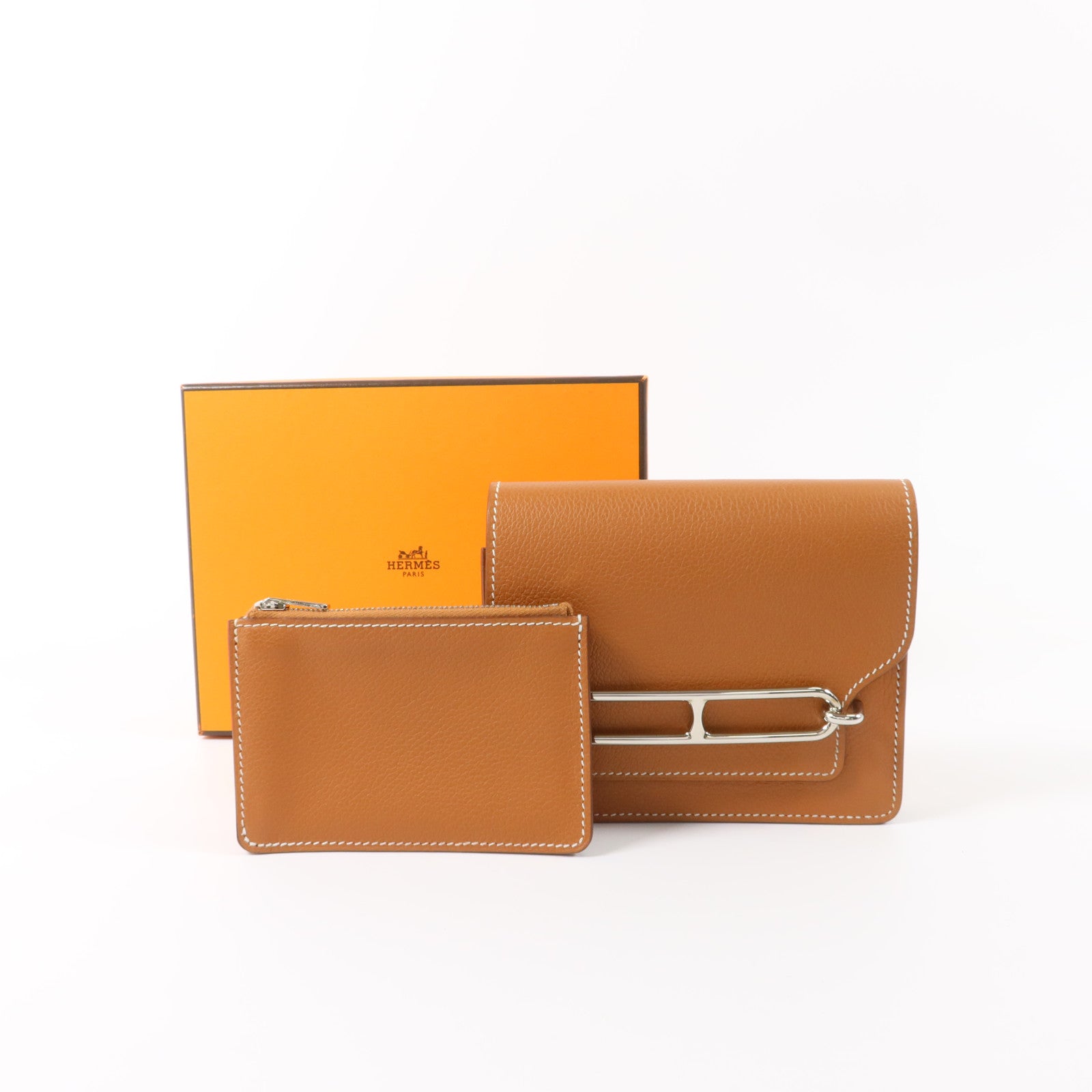 HERMES Evercolor皮革Roulis Slim銀扣錢包Gold