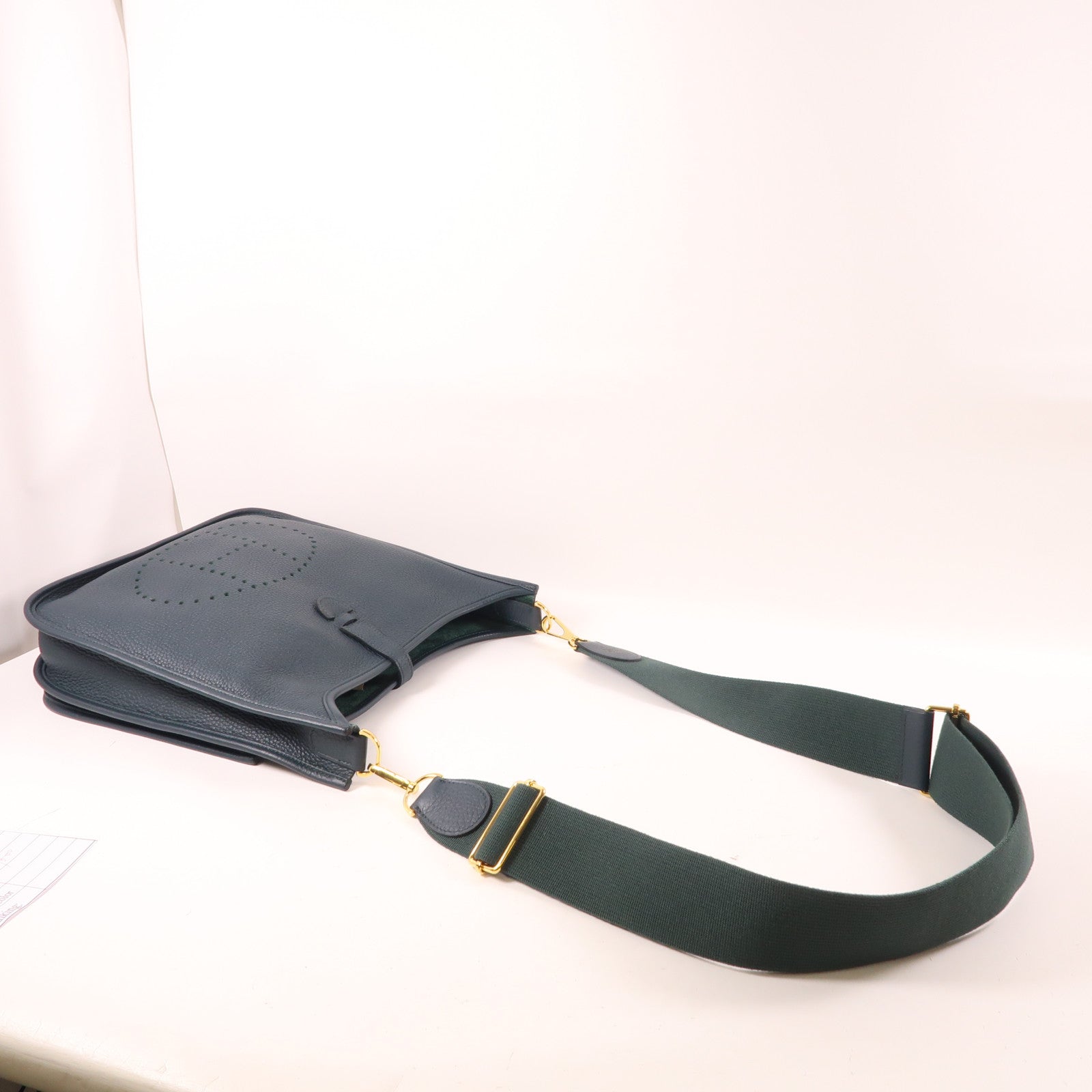 HERMES Clemence皮革Evelyne PM金扣肩背袋vert cypress墨綠色