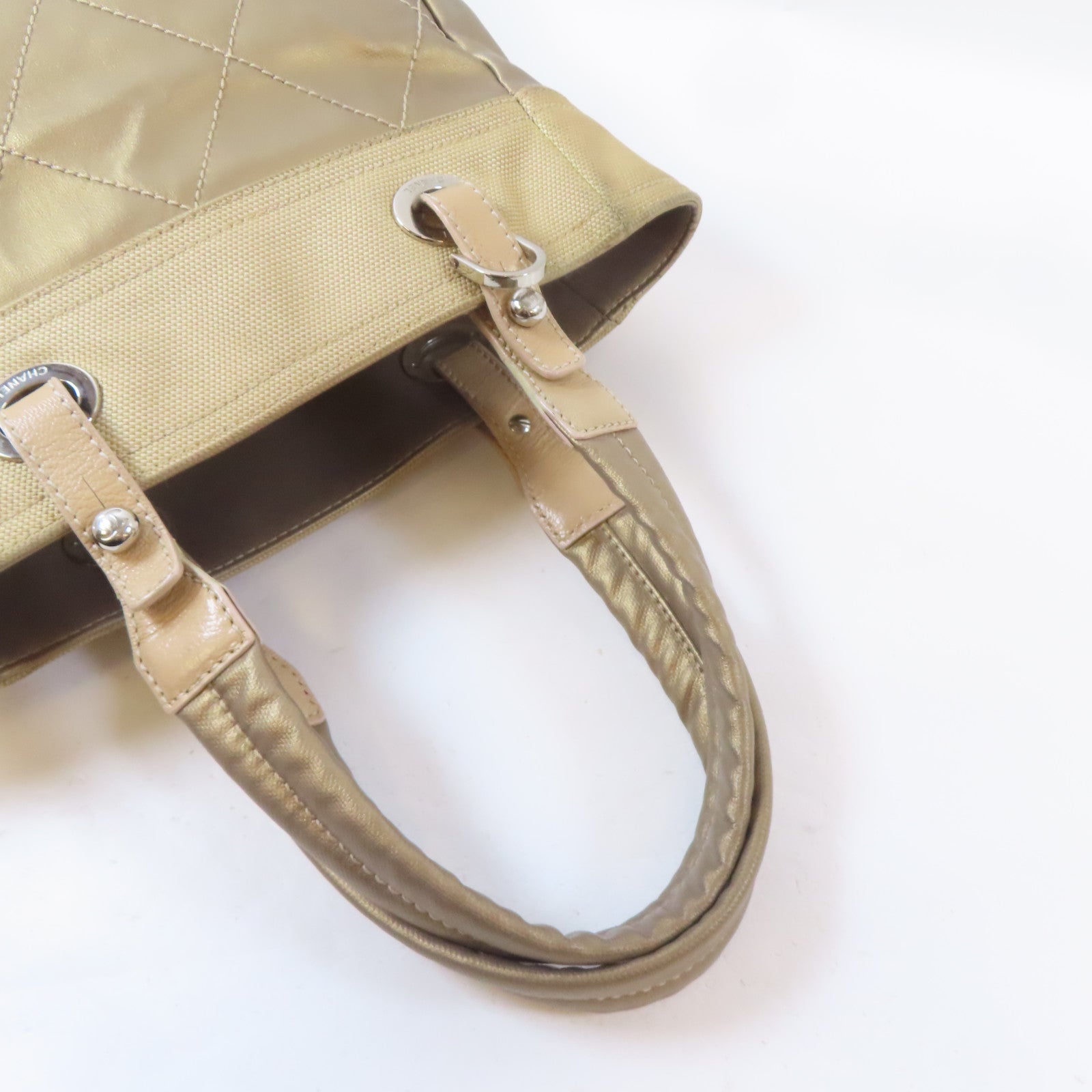 CHANEL (PRICE DOWN) Quilted CC SHW Paris Biarritz Tote Bag Handbag PVC Coated Canvas Beige