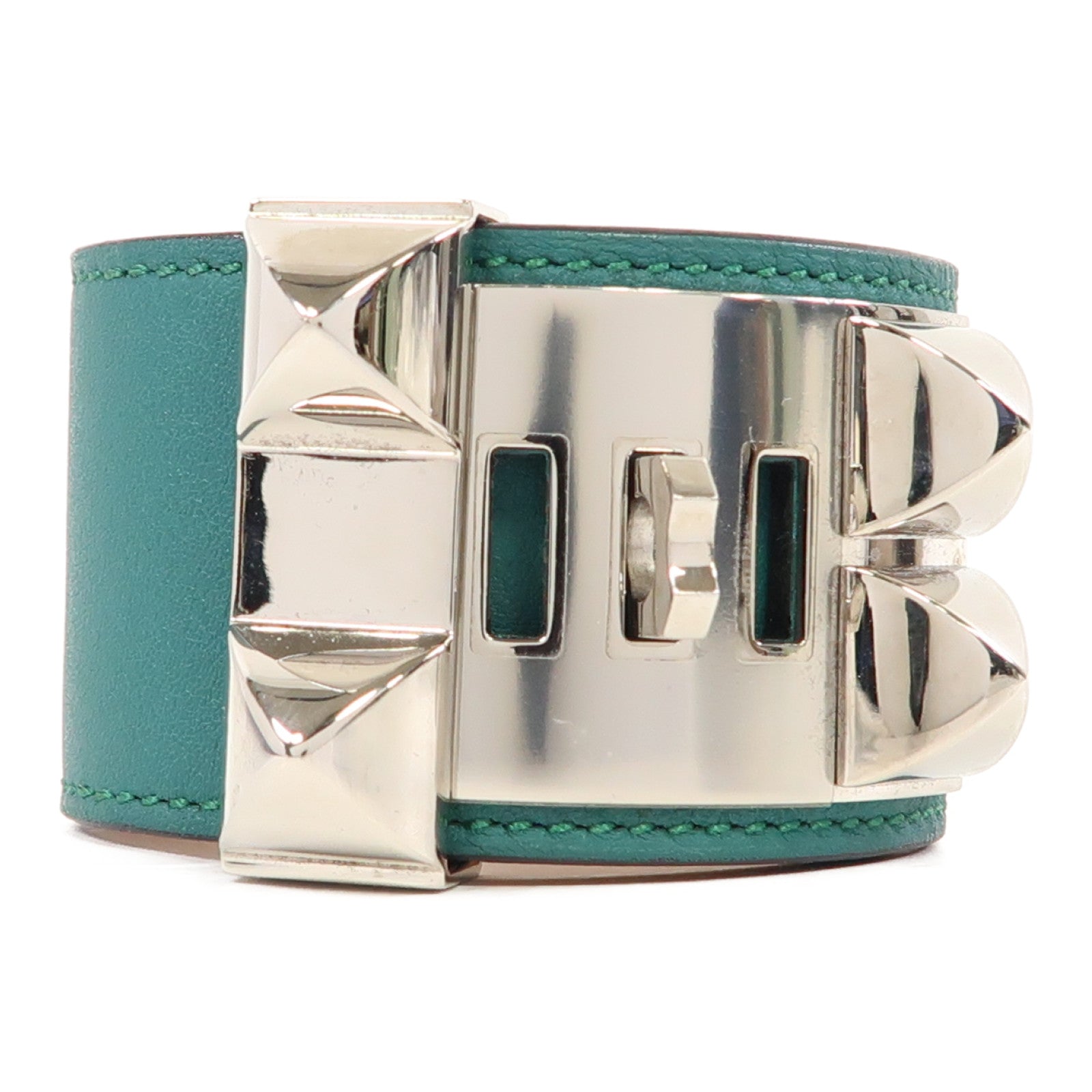 HERMES Swift皮革CDC Bracelet銀扣手鐲孔雀綠色