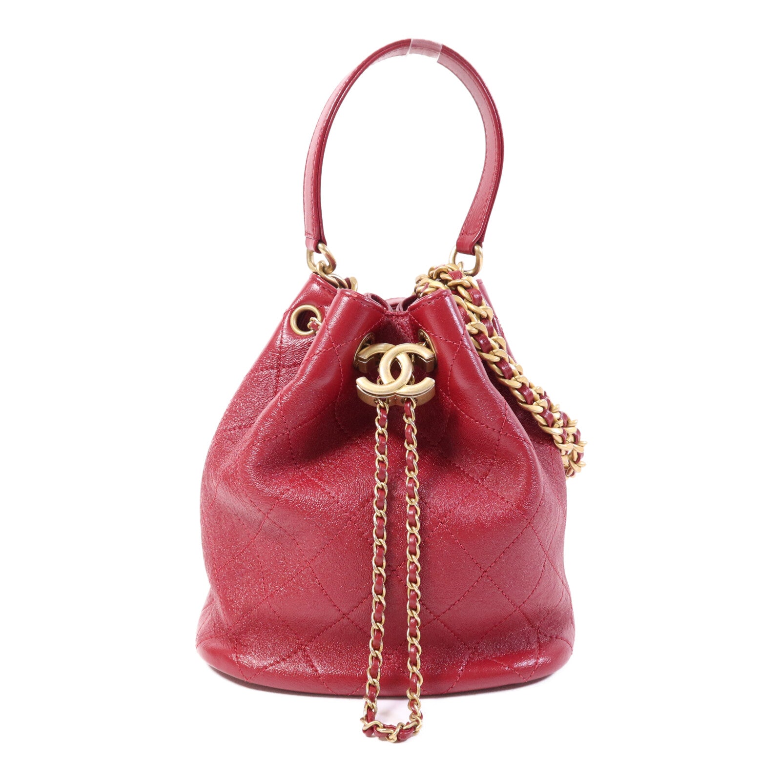CHANEL 牛皮皮革Bucket Bag金扣鏈帶手挽肩背兩用袋