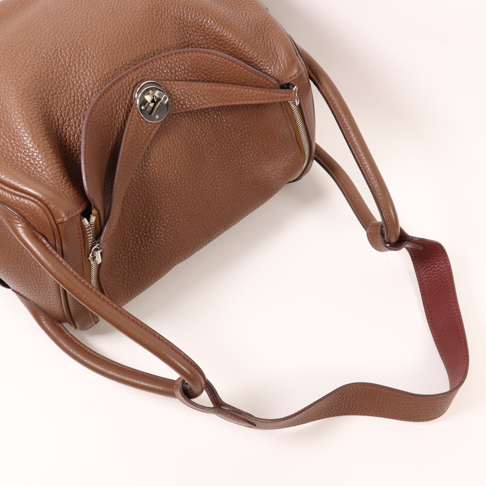 HERMES Clemence皮革Lindy 30銀扣肩背袋Havane/Rouge Grenade