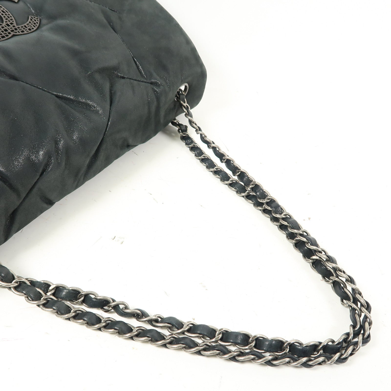 CHANEL 牛皮皮革Chain Shoulder銀扣鏈帶肩背袋深綠色
