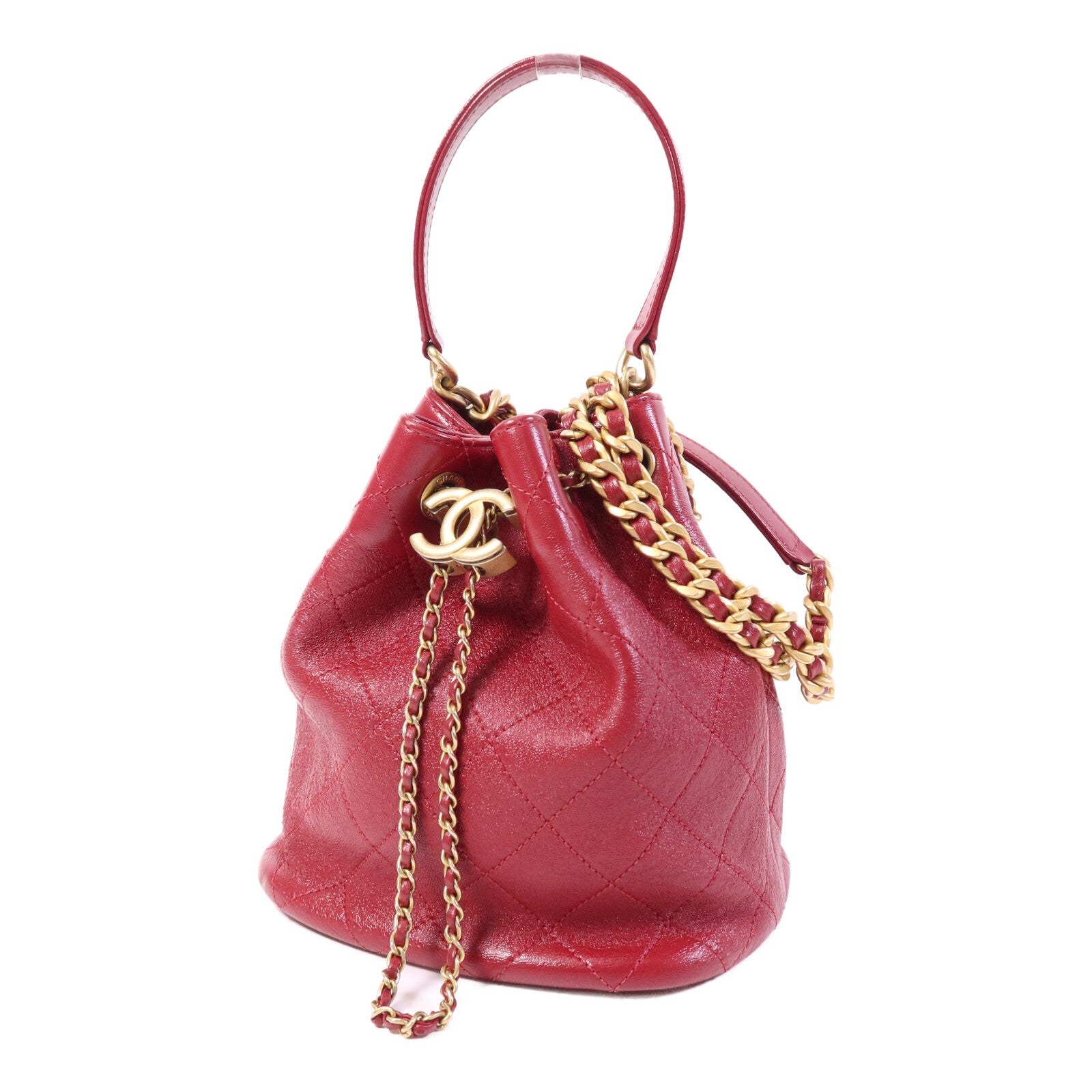 CHANEL 牛皮皮革Bucket Bag金扣鏈帶手挽肩背兩用袋