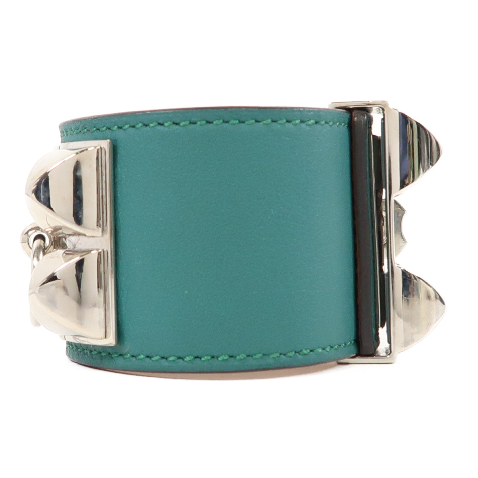 HERMES Swift皮革CDC Bracelet銀扣手鐲孔雀綠色
