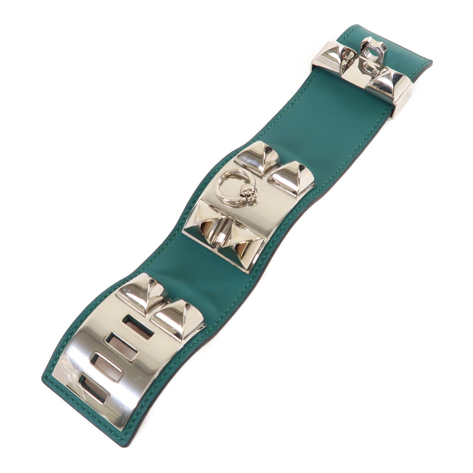 HERMES Swift皮革CDC Bracelet銀扣手鐲孔雀綠色