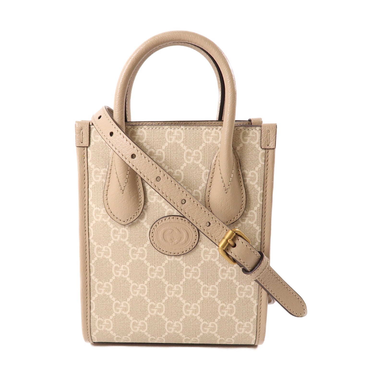 GUCCI 塗層帆布/皮革Mini 2 Way Tote金扣手挽肩背兩用袋米色