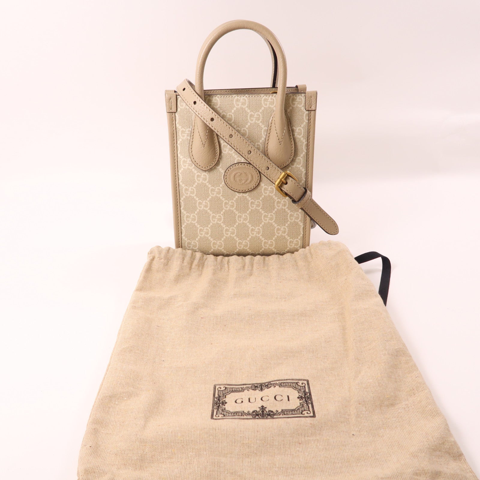 GUCCI 塗層帆布/皮革Mini 2 Way Tote金扣手挽肩背兩用袋米色