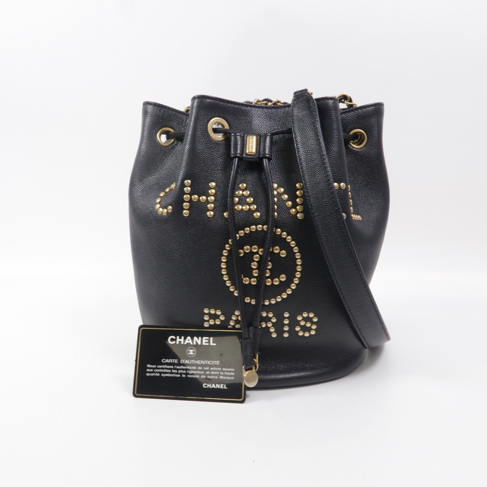 CHANEL 牛皮皮革Drawstring Bucket鏈帶肩背袋