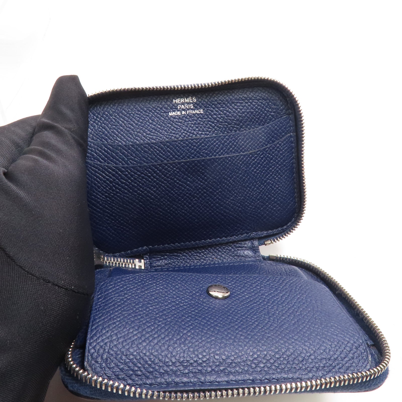 HERMES Epsom皮革/絲質Card Case銀扣卡片套