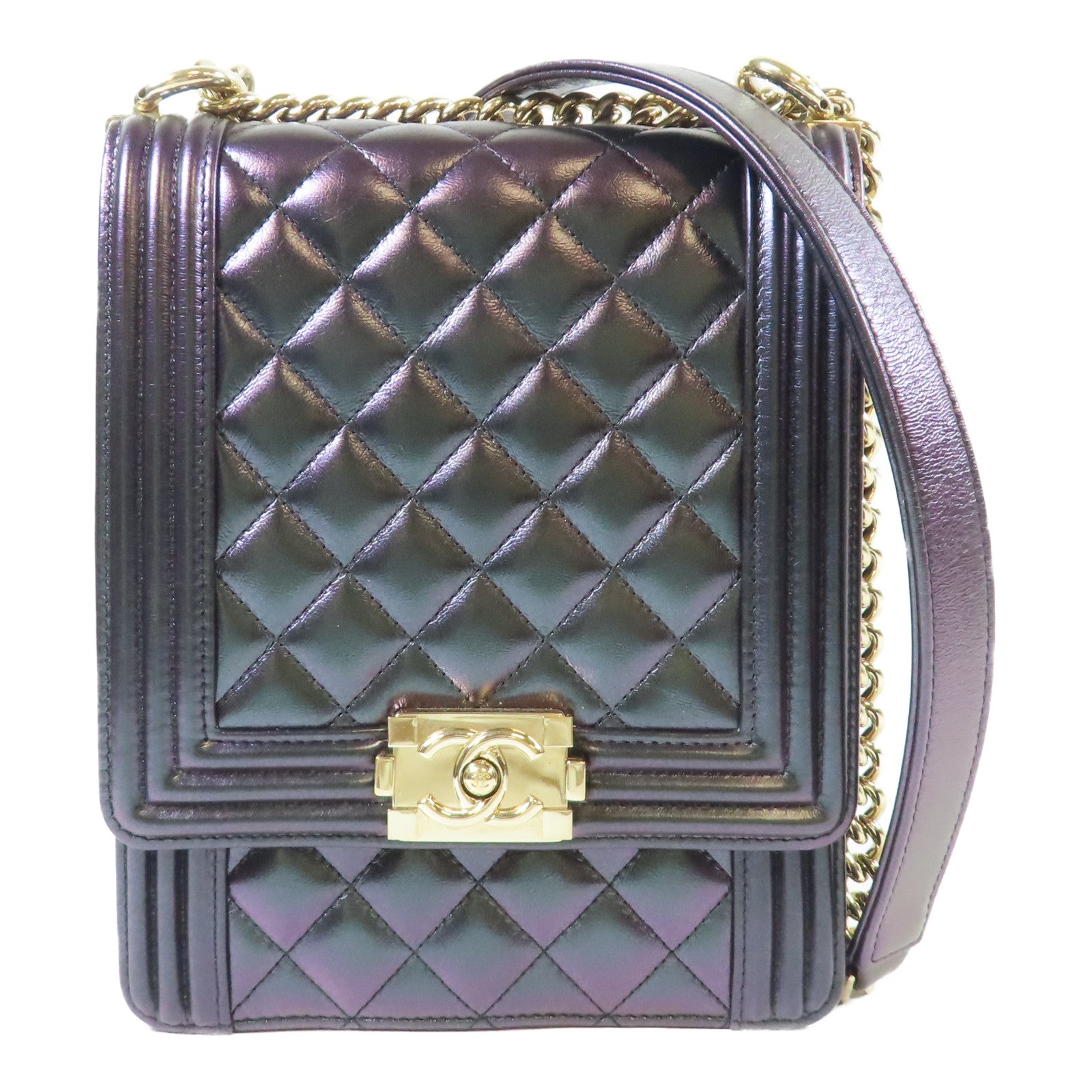 CHANEL 【激減優惠】菱格牛皮皮革Boy Chain Shoulder Bag金扣鏈帶肩背袋紫色