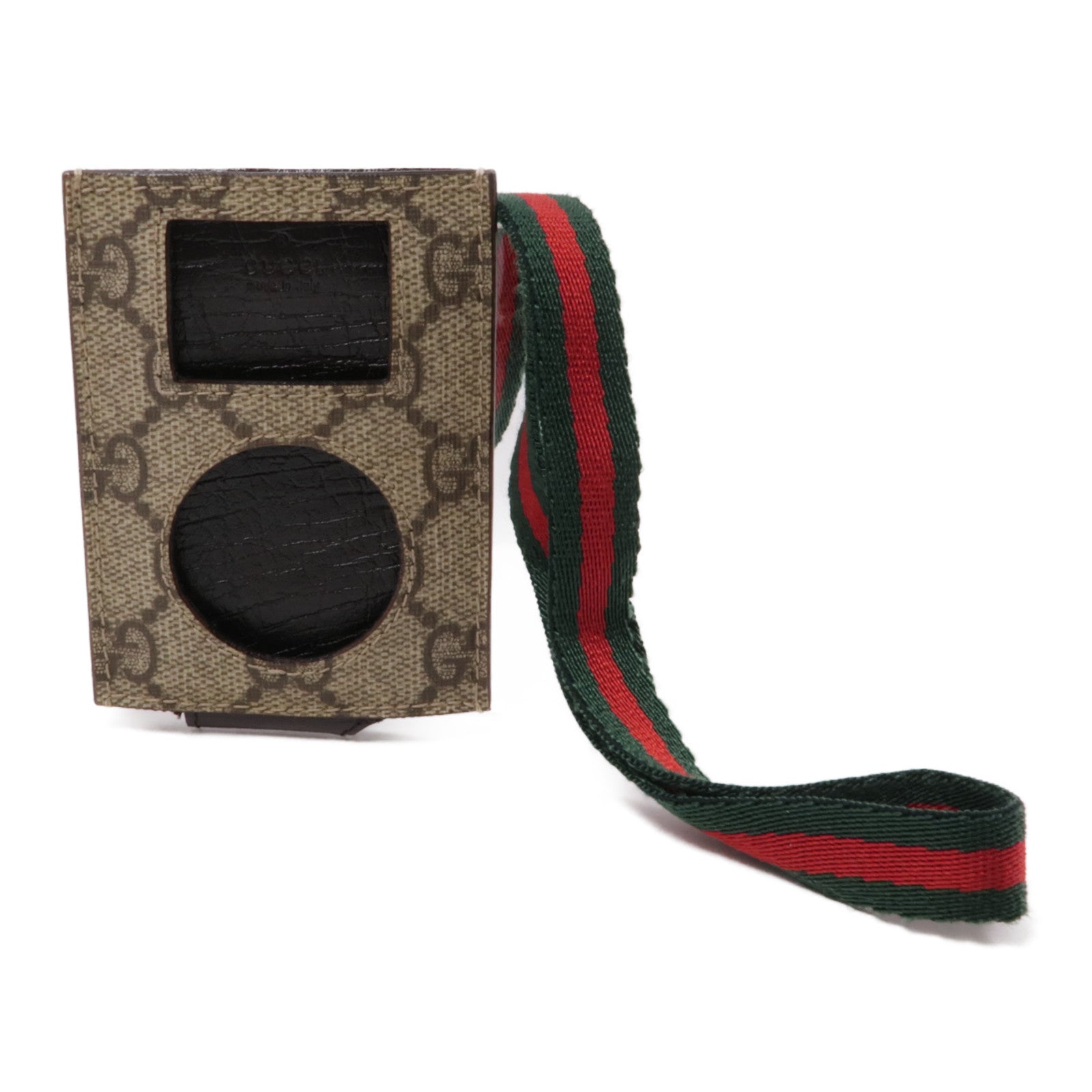 GUCCI 塗層帆布Card Case With Shoulder Strap銀扣卡夾棕色