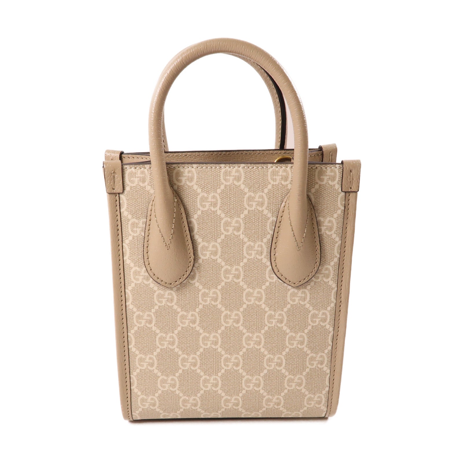 GUCCI 塗層帆布/皮革Mini 2 Way Tote金扣手挽肩背兩用袋米色