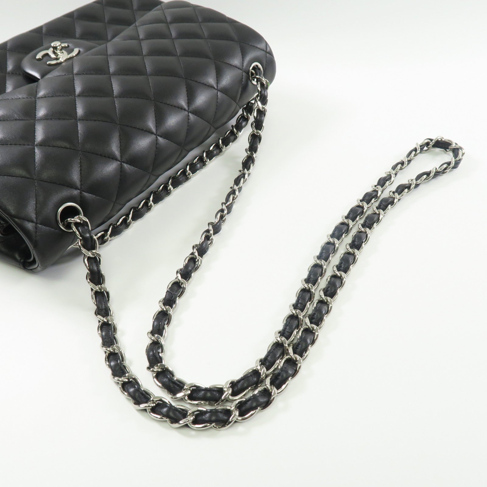 CHANEL 羊皮皮革Large Classic銀扣鏈帶肩背袋黑色