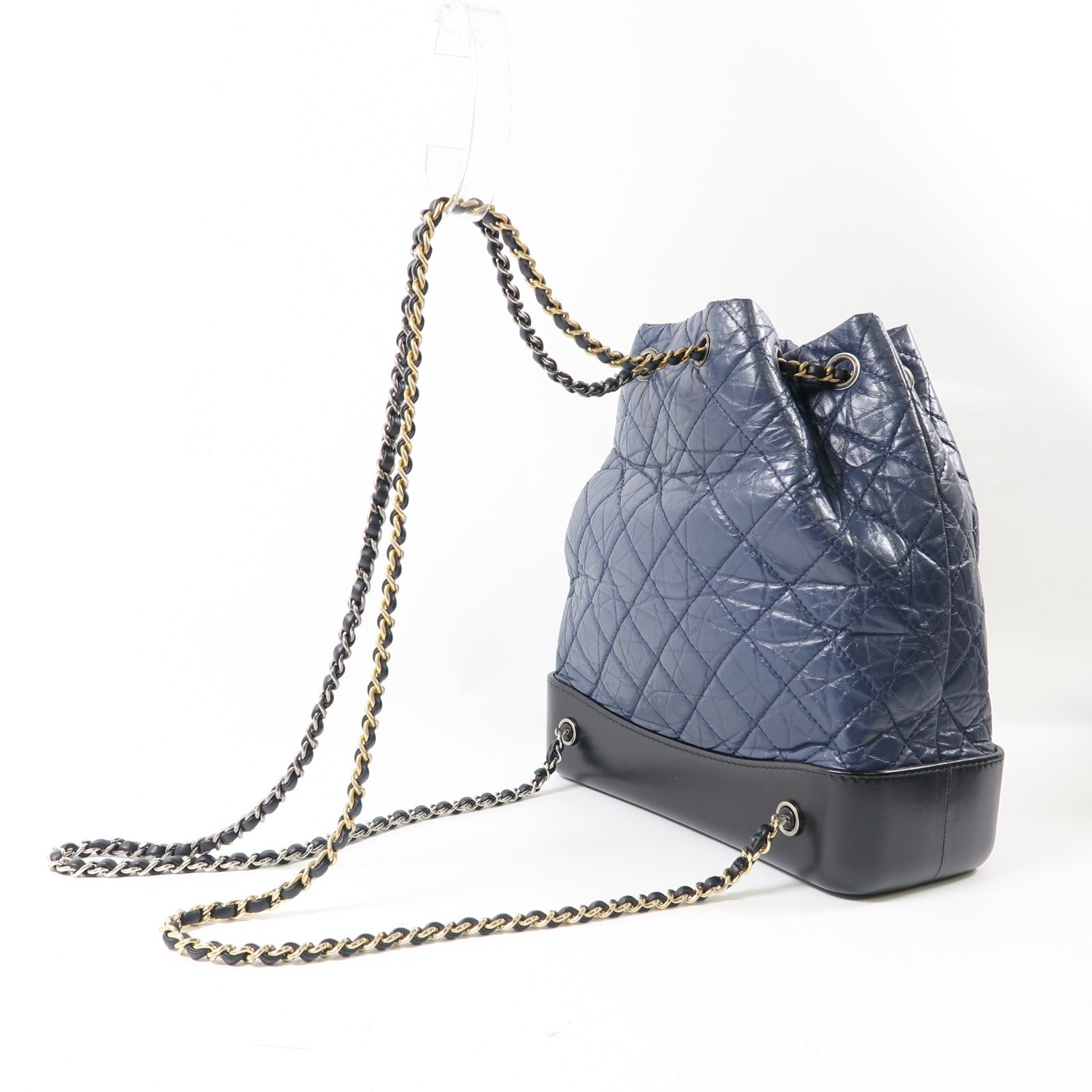 CHANEL 菱格牛皮皮革Gabrielle Backpack鏈帶背包藍色/黑色