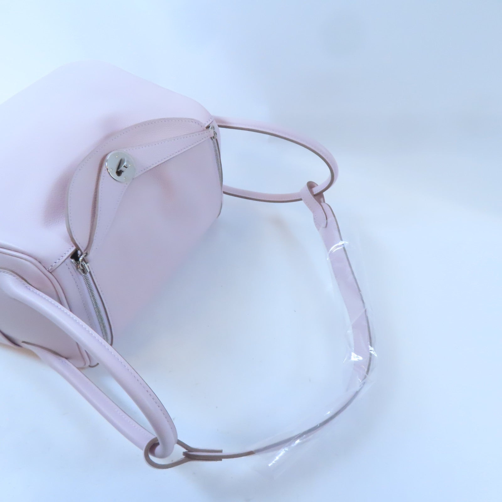 HERMES Evercolor皮革Lindy 26銀扣手挽肩背兩用袋Mauve Pale/淺紫色/New White/白色