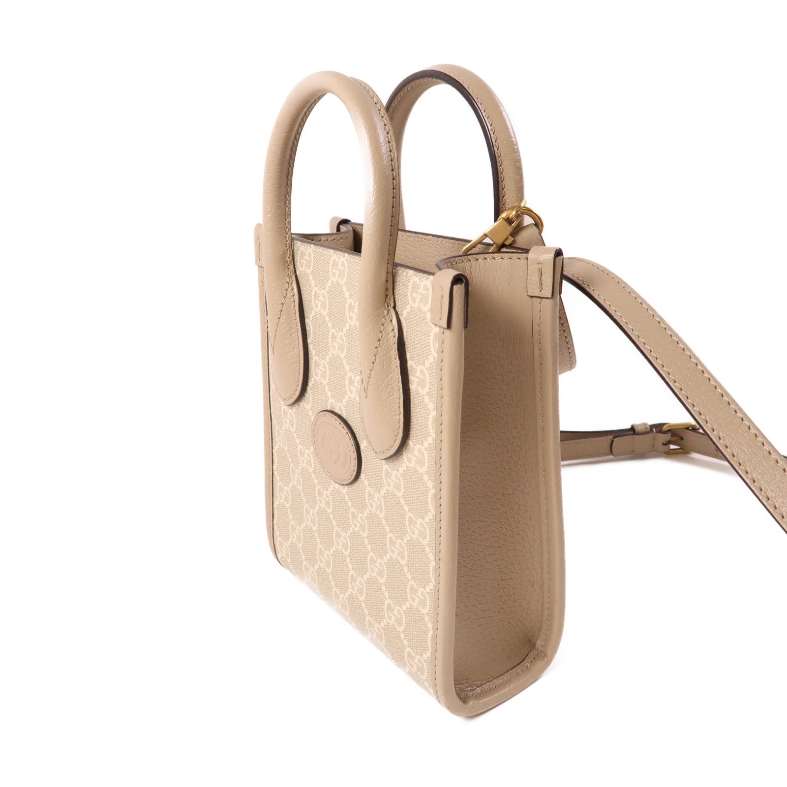GUCCI 塗層帆布/皮革Mini 2 Way Tote金扣手挽肩背兩用袋米色