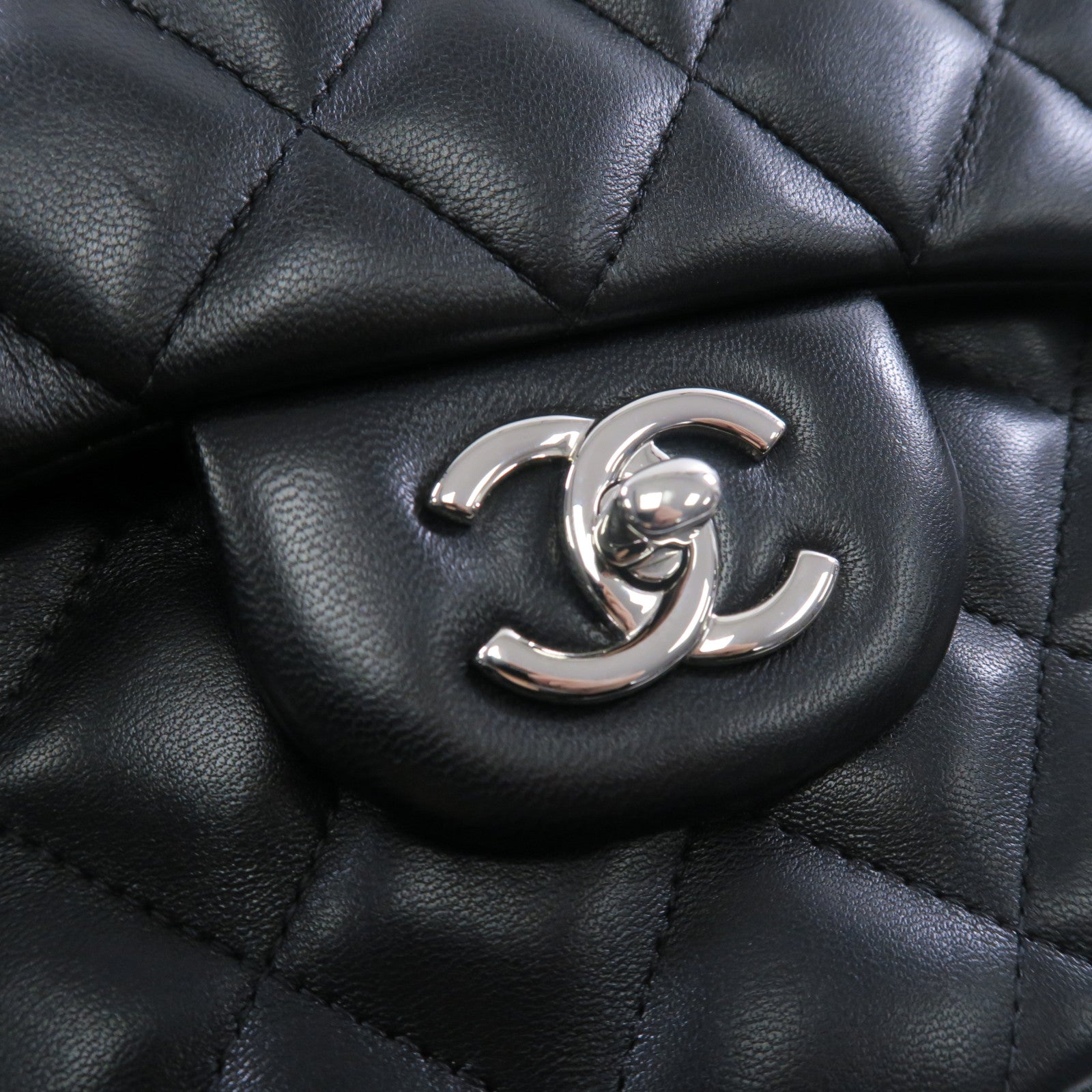 CHANEL 羊皮皮革Large Classic銀扣鏈帶肩背袋黑色