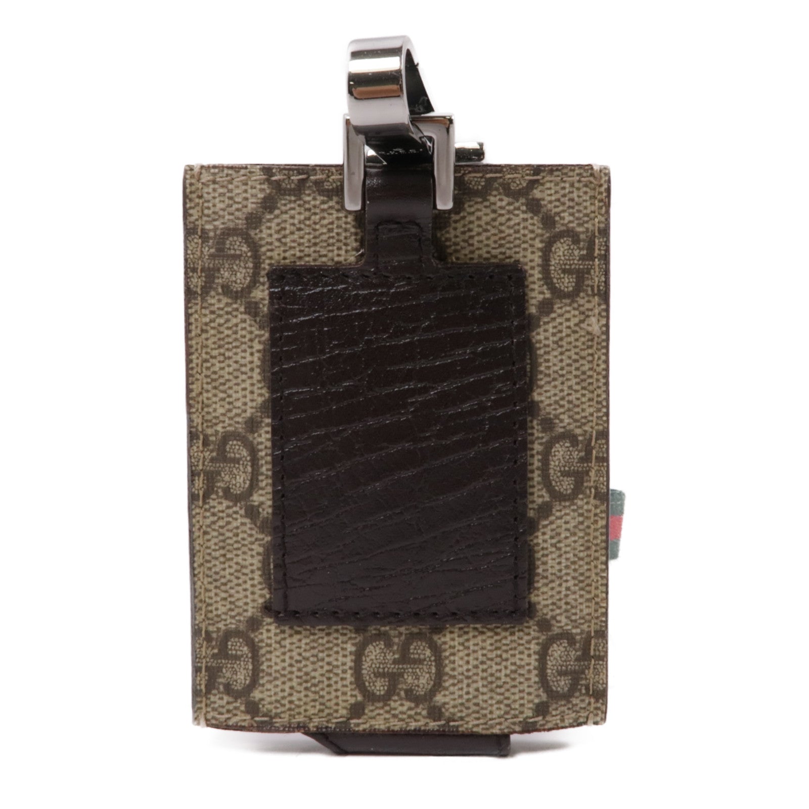 GUCCI 塗層帆布Card Case With Shoulder Strap銀扣卡夾棕色