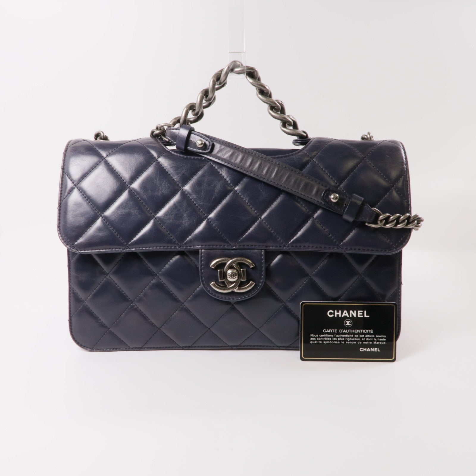 CHANEL 牛皮皮革2 Way Chain Shoulder銀扣手挽肩背兩用袋