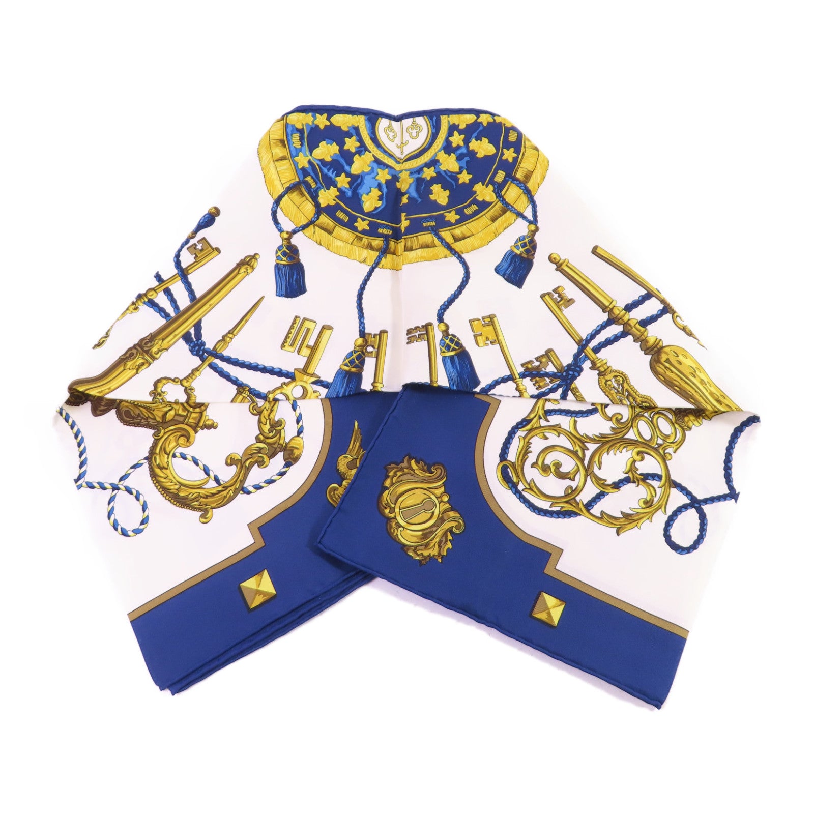 HERMES 絲質Scarf 90X90絲巾藍色/白色/金色