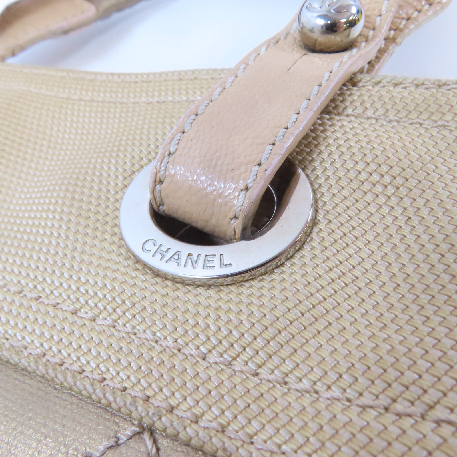 CHANEL (PRICE DOWN) Quilted CC SHW Paris Biarritz Tote Bag Handbag PVC Coated Canvas Beige