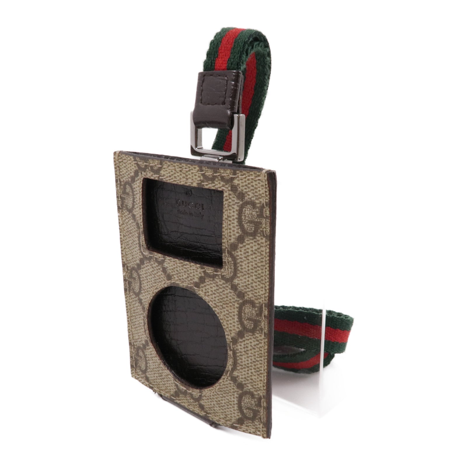 GUCCI 塗層帆布Card Case With Shoulder Strap銀扣卡夾棕色