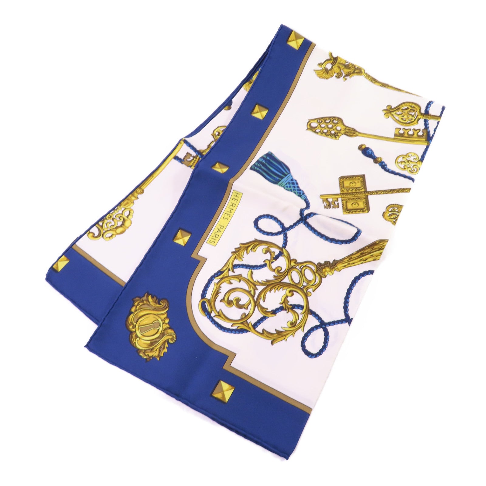 HERMES 絲質Scarf 90X90絲巾藍色/白色/金色